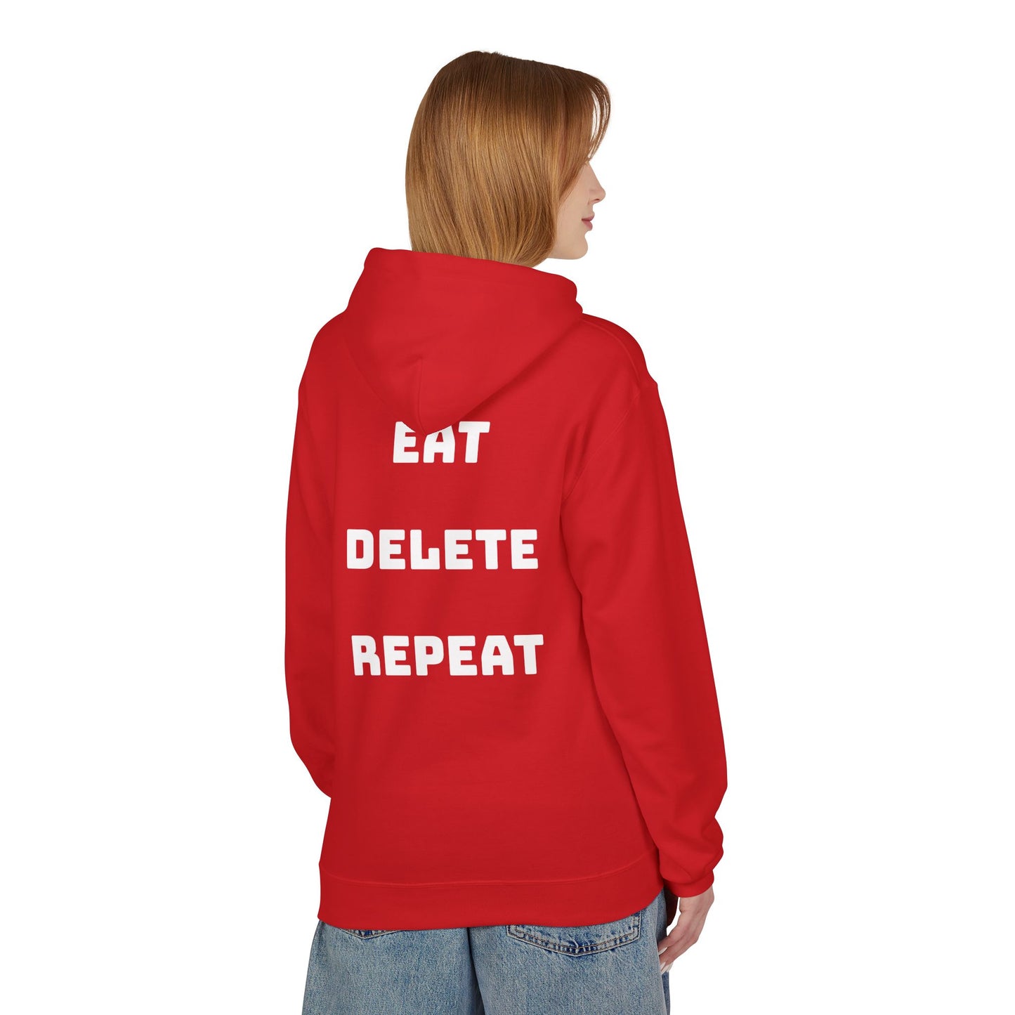 Red hoodie with 'EAT DELETE REPEAT' text on the back worn by a person, white background