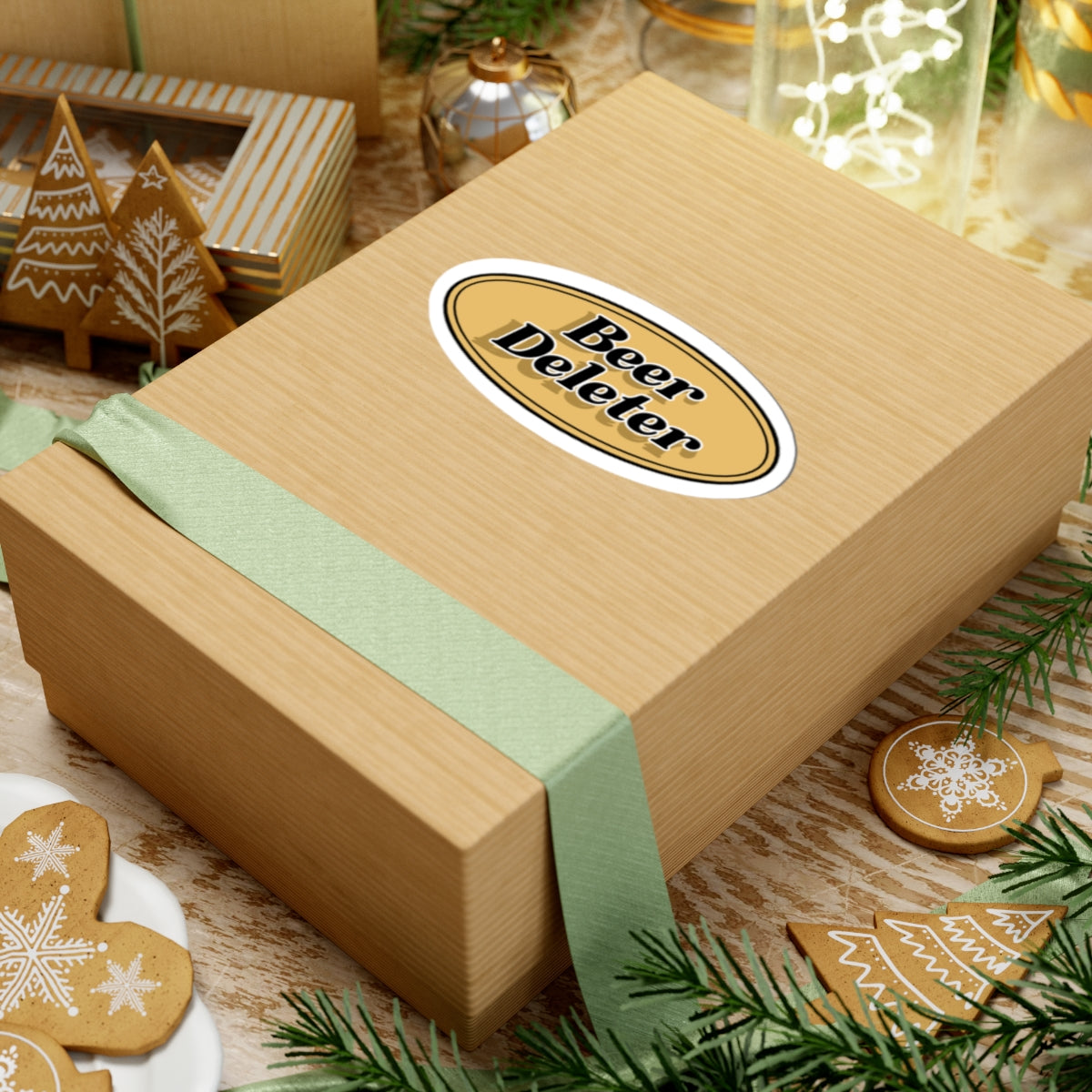 Wooden gift box with a green ribbon and 'Beer Deleter' sticker on a festive background with cookies and lights.