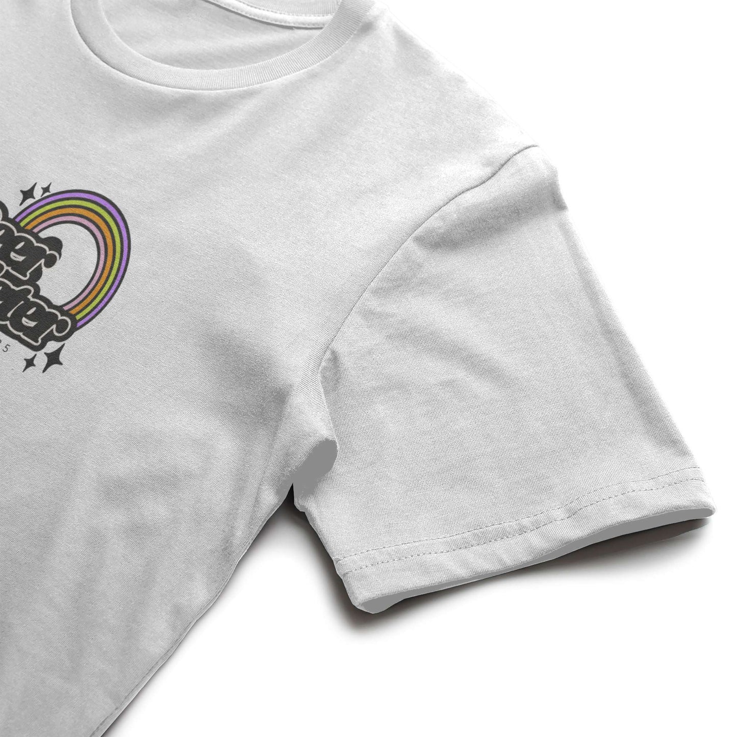 White t-shirt with a colorful graphic design on a white background