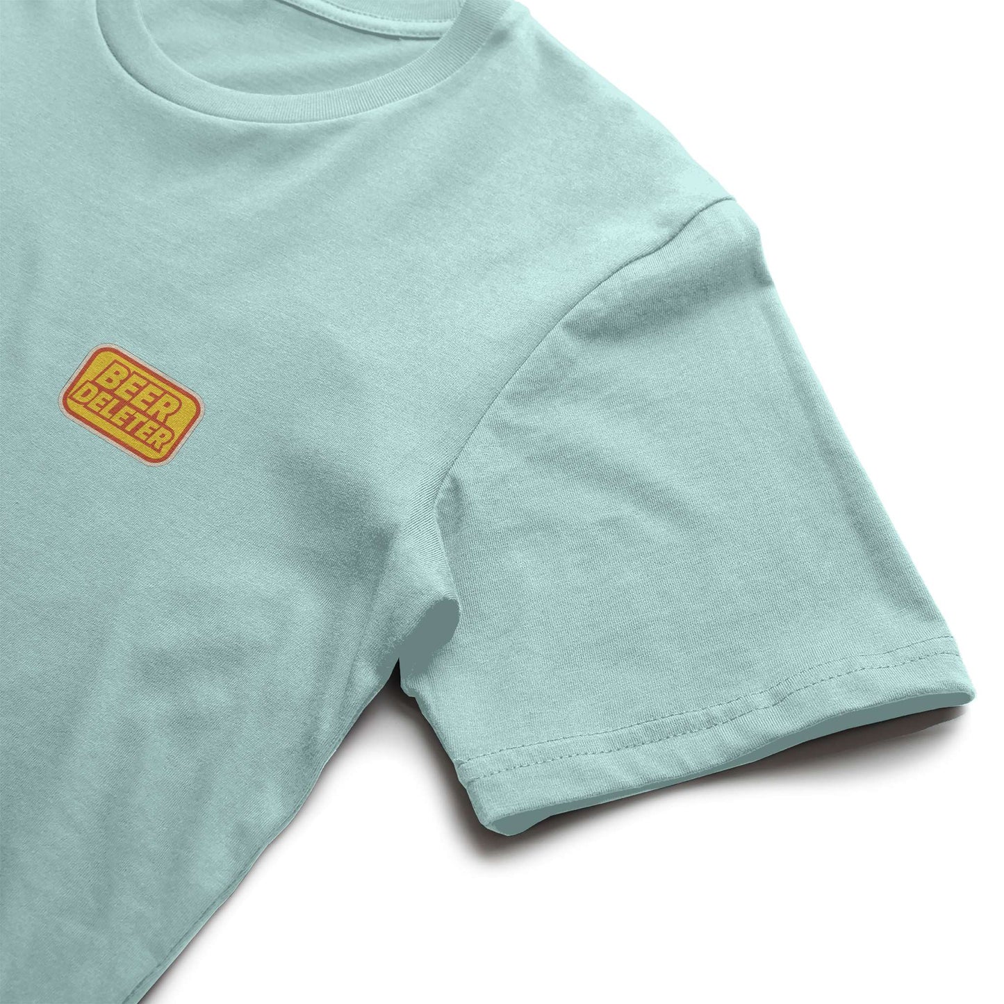 Light blue t-shirt with a yellow and red 'BEER DELETER' logo on a white background