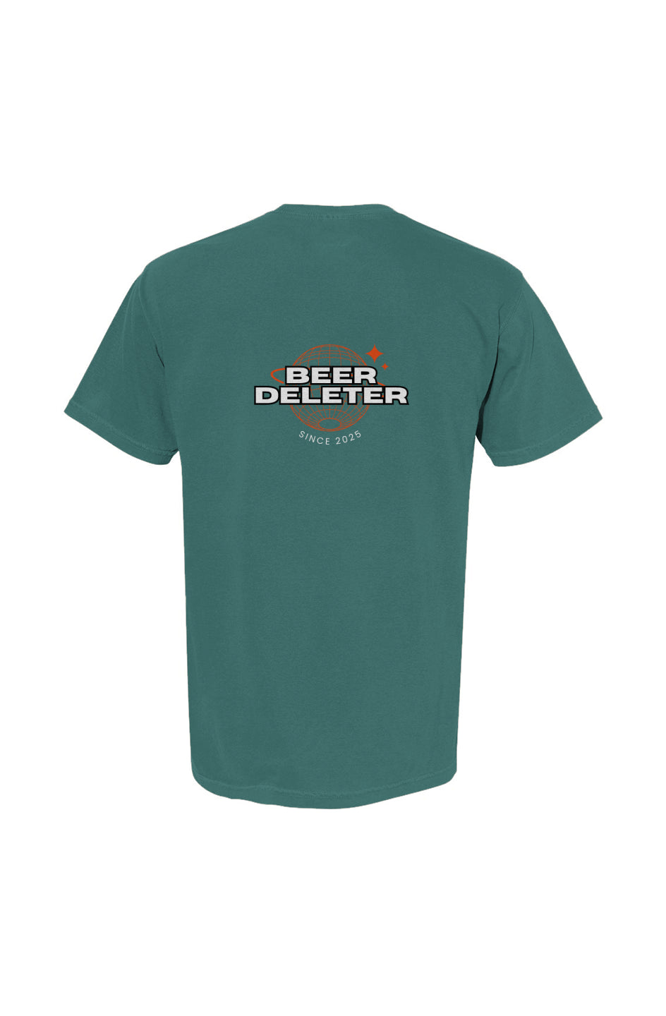 Green t-shirt with 'Beer Deleter' text on the back against a white background