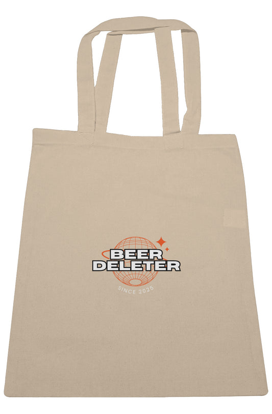 Beige tote bag with 'Beer Deleter' logo on a white background