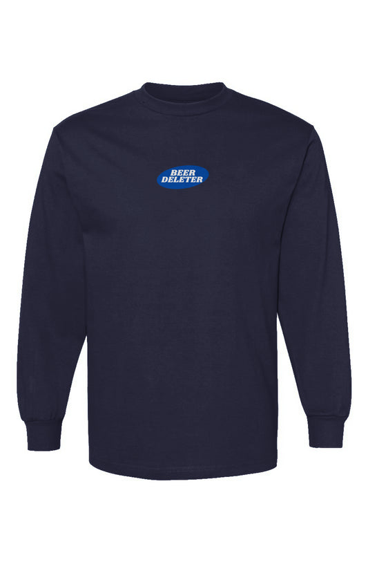 Navy long-sleeve shirt with a blue logo on a white background