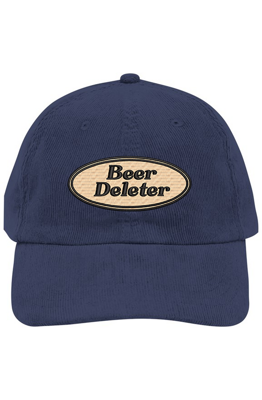 Navy blue cap with 'Beer Deleter' text on a white background