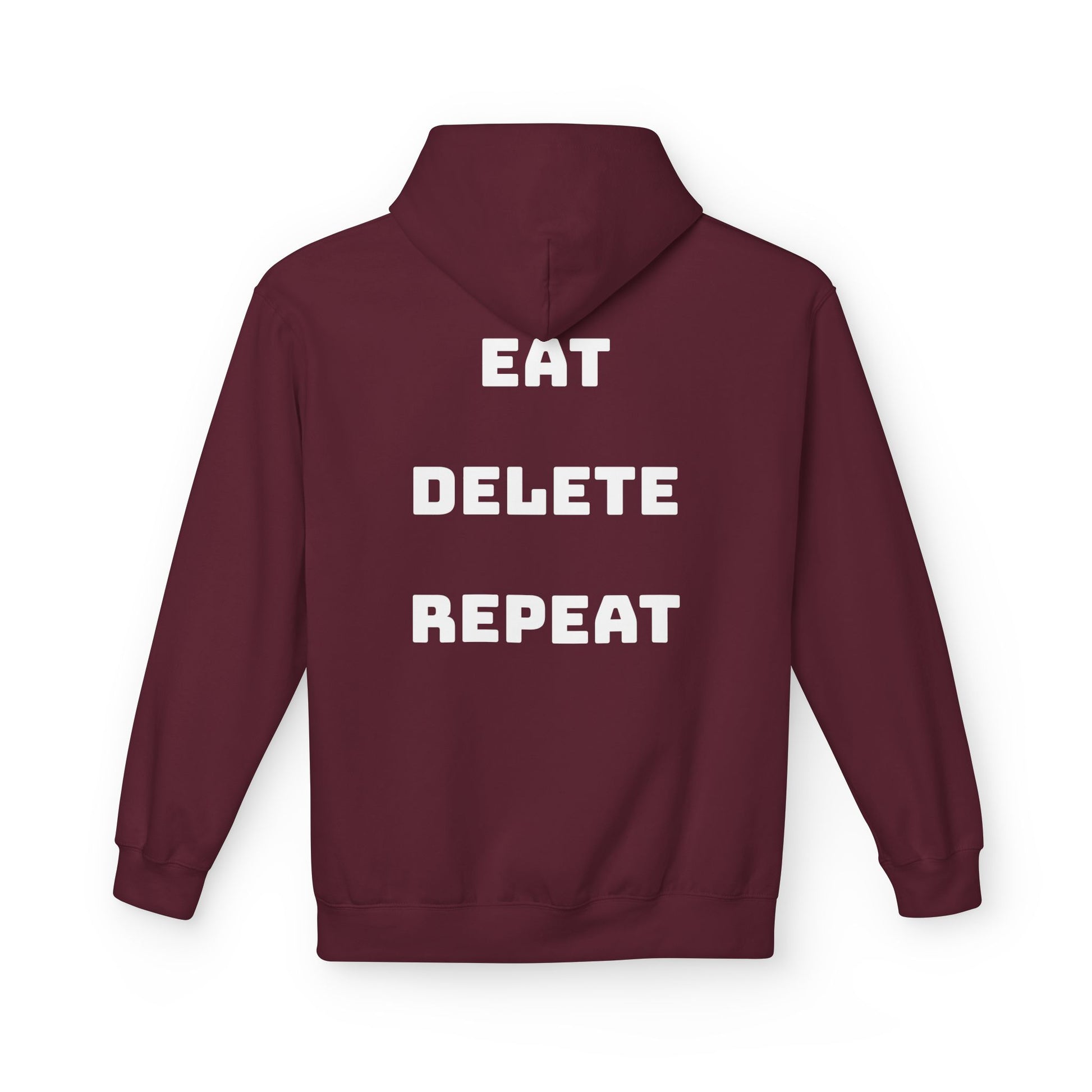 Maroon hoodie with 'EAT DELETE REPEAT' text on the back against a white background