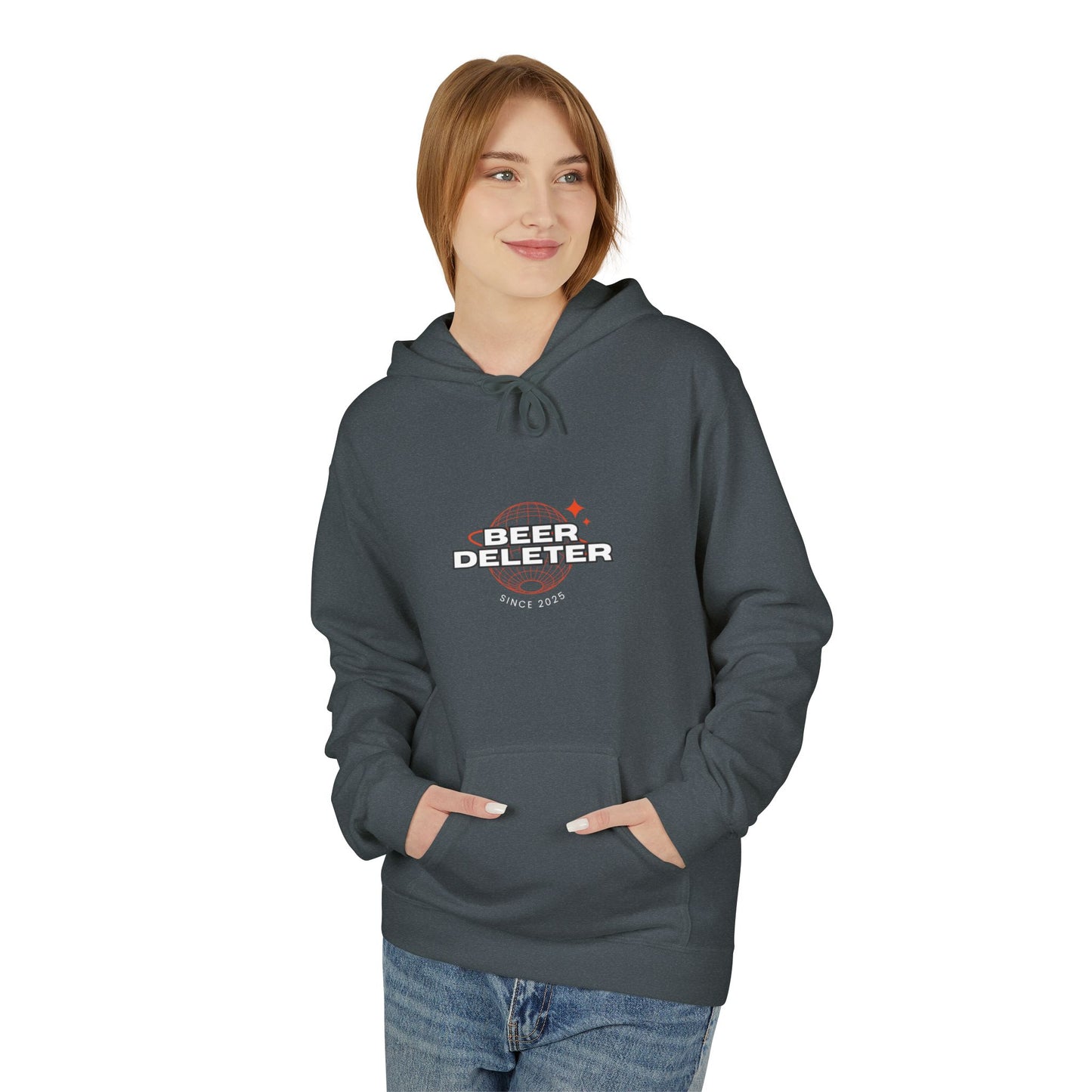Person wearing a dark gray hoodie with 'Beer Deleter' text on a white background