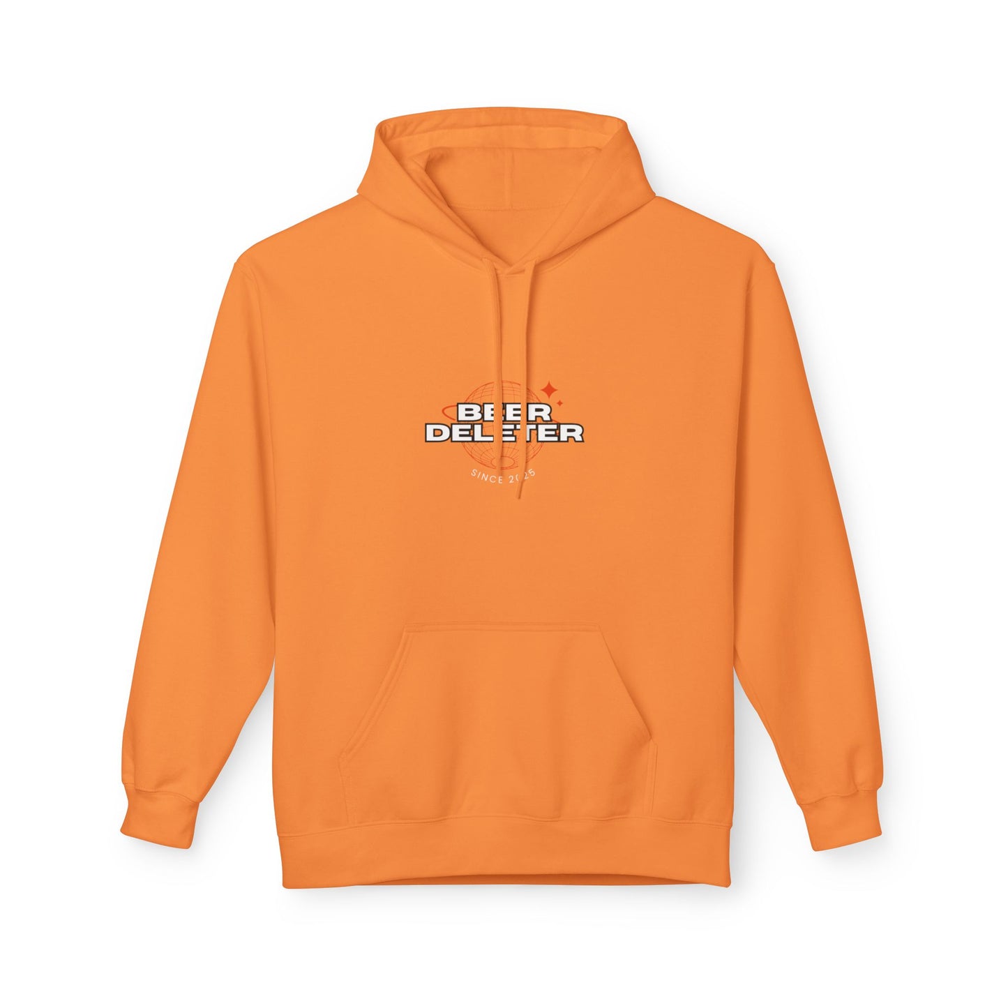 Orange hoodie with 'Beer Deleter' text on a white background