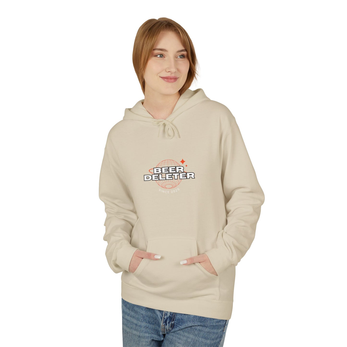 Person wearing a beige hoodie with 'Beer Delete' text on a white background