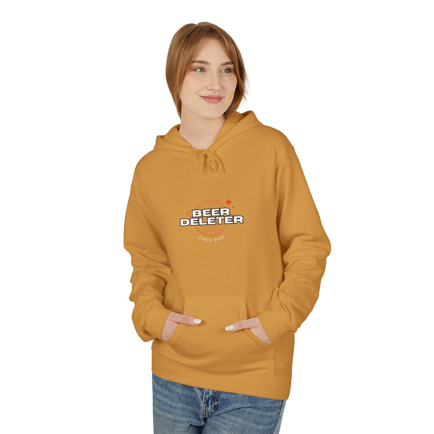 Person wearing a mustard yellow hoodie with 'Beer Deleter' text on a white background