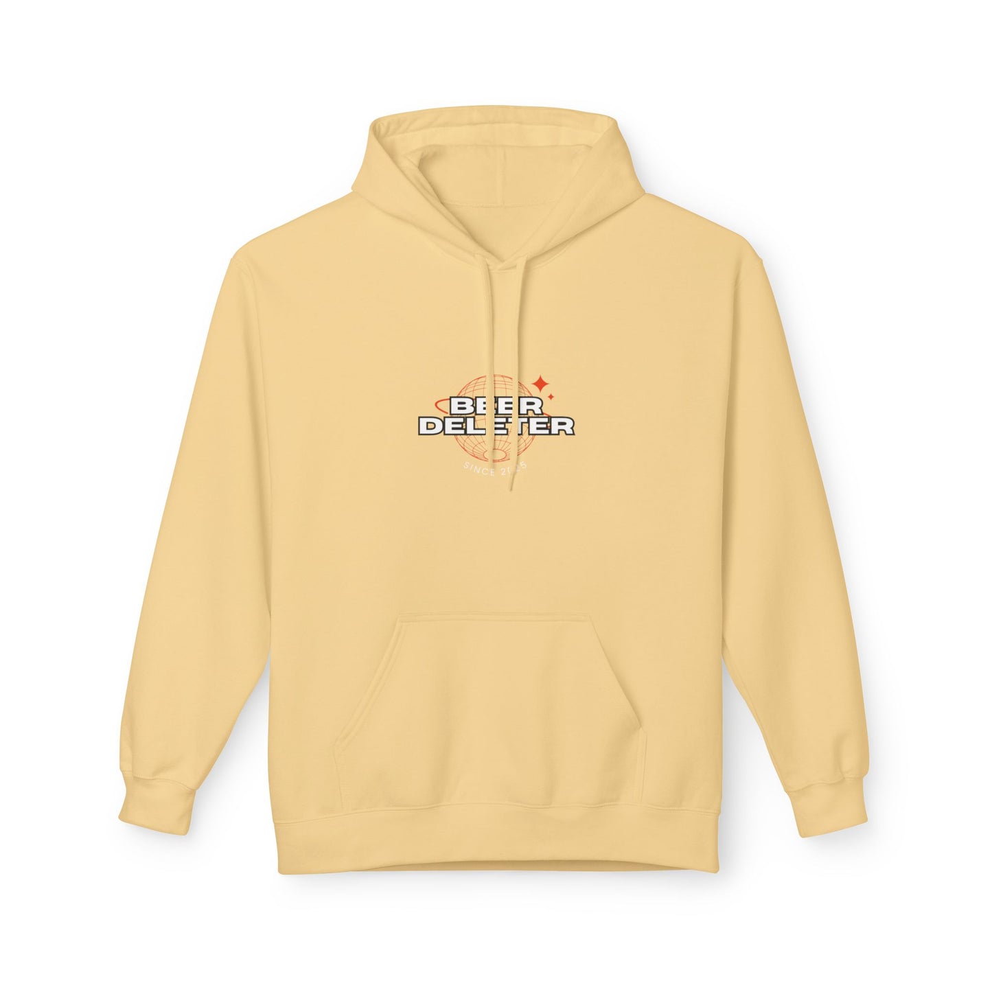 Yellow hoodie with 'Beer Deleter' text on a white background