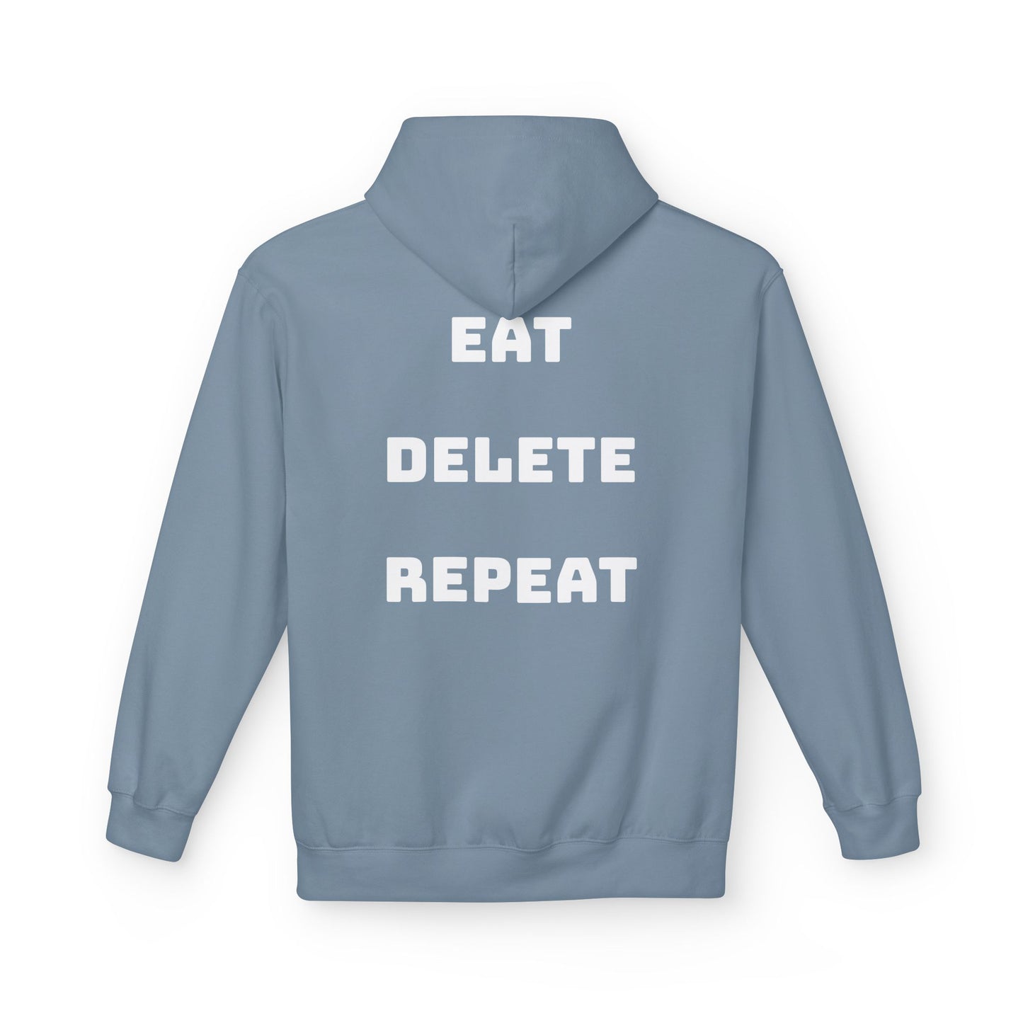 Blue hoodie with 'EAT DELETE REPEAT' text on the back against a white background