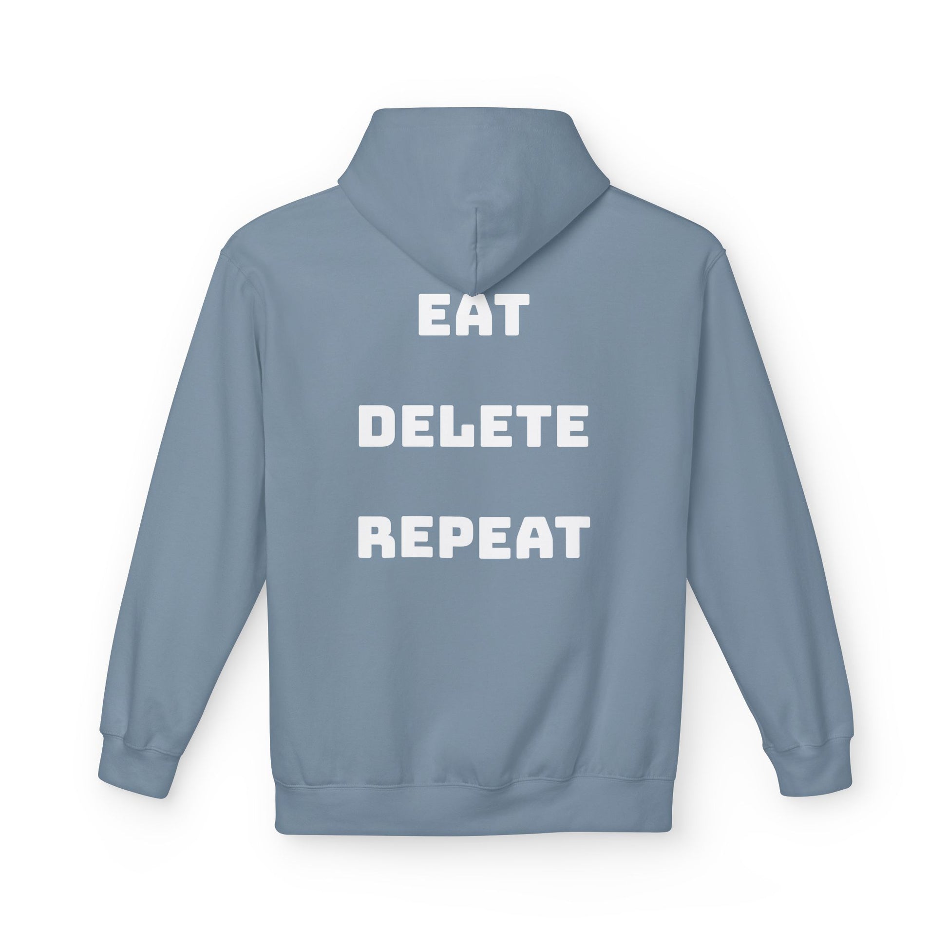 Blue hoodie with 'EAT DELETE REPEAT' text on the back against a white background