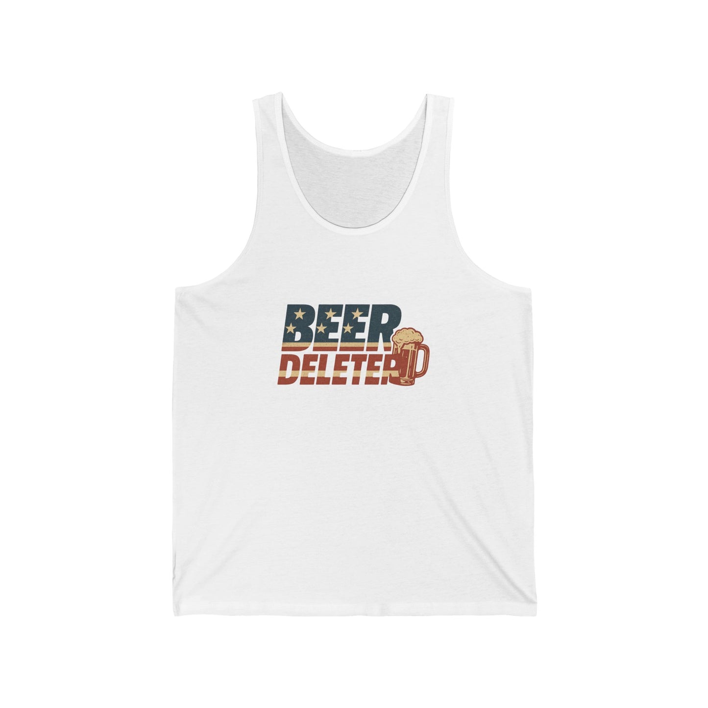 White tank top with 'BEER DELETER' text and graphic on a white background