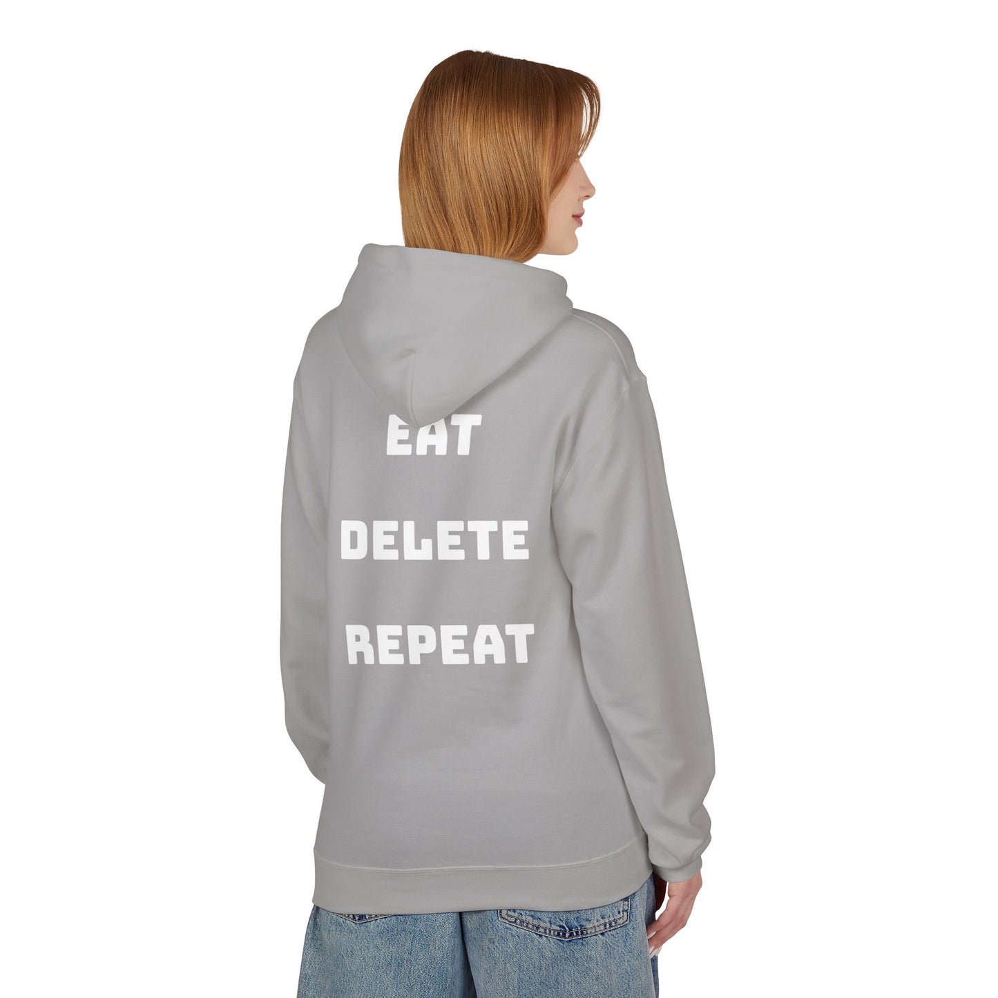 Person wearing a gray hoodie with 'EAT DELETE REPEAT' text on the back, standing against a white background.