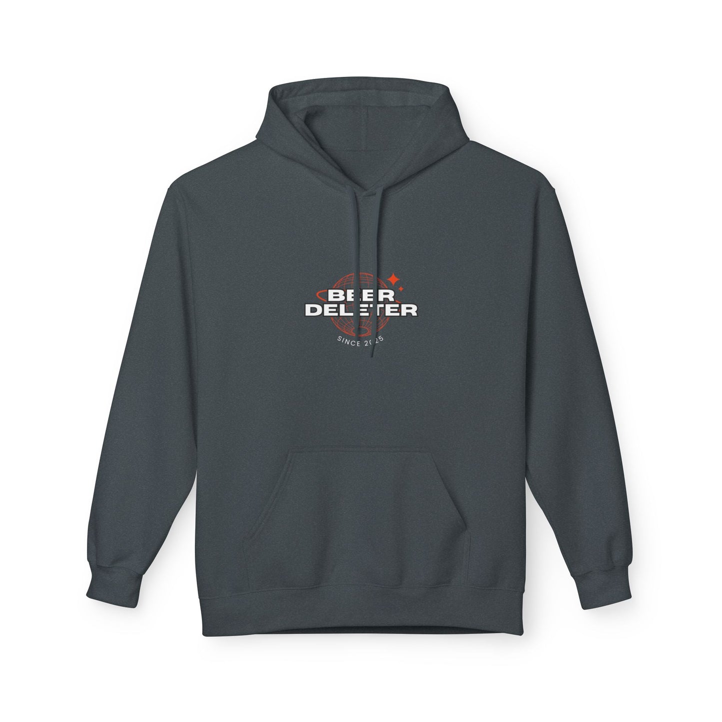 Dark gray hoodie with a logo and text on the chest against a white background