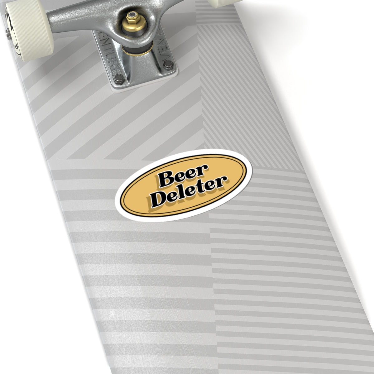Skateboard deck with 'Beer Deleter' sticker on a white background