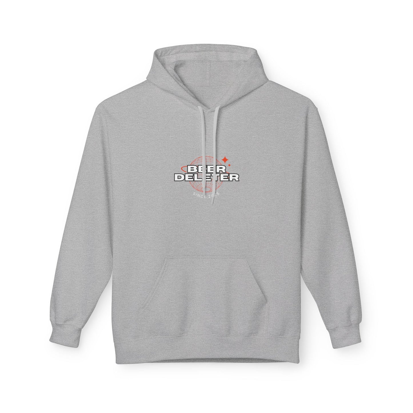 Gray hoodie with 'Beer Deleter' text and graphics on a white background