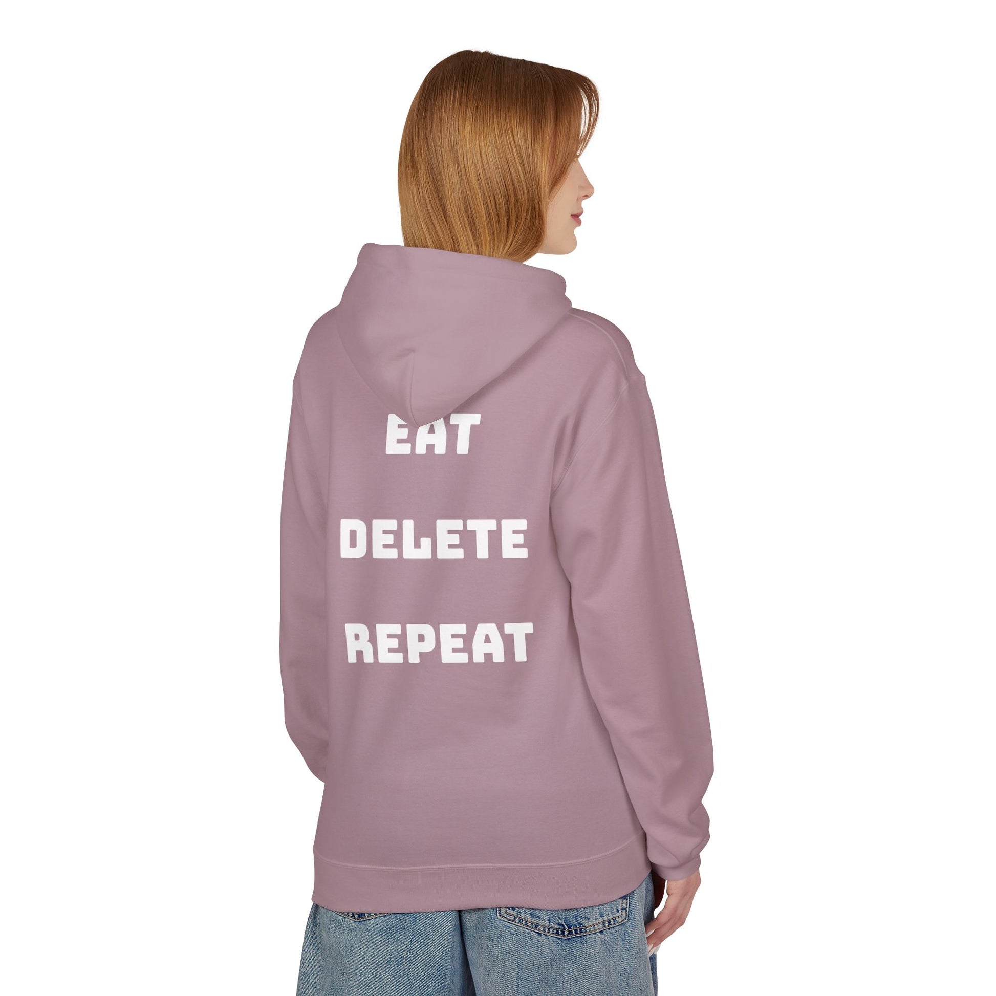 Person wearing a hoodie with 'EAT DELETE REPEAT' text on the back, standing against a white background.