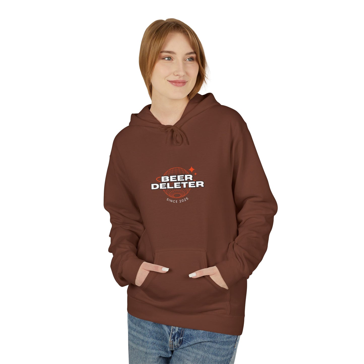 Person wearing a brown hoodie with 'Beer Deleter' text on a white background