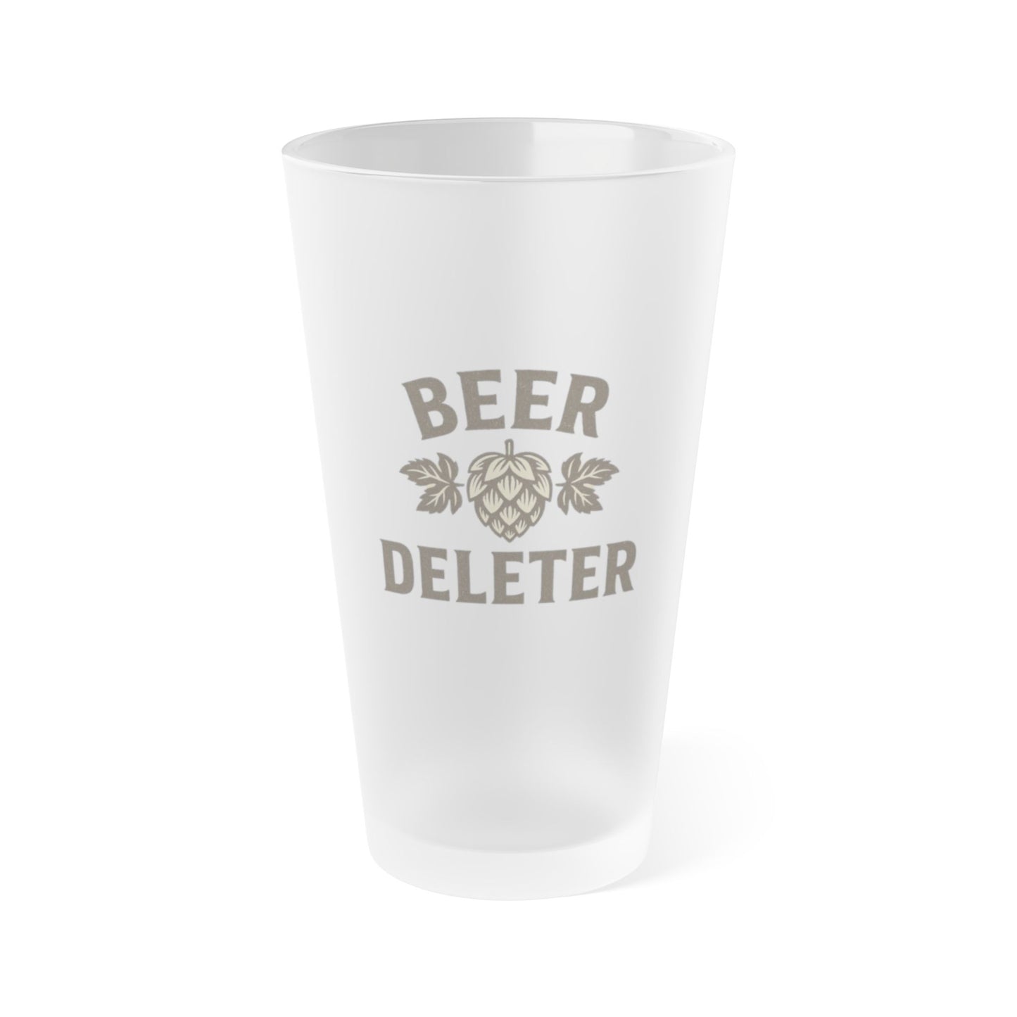 White frosted glass with 'Beer Deleter' text and hop design on a white background