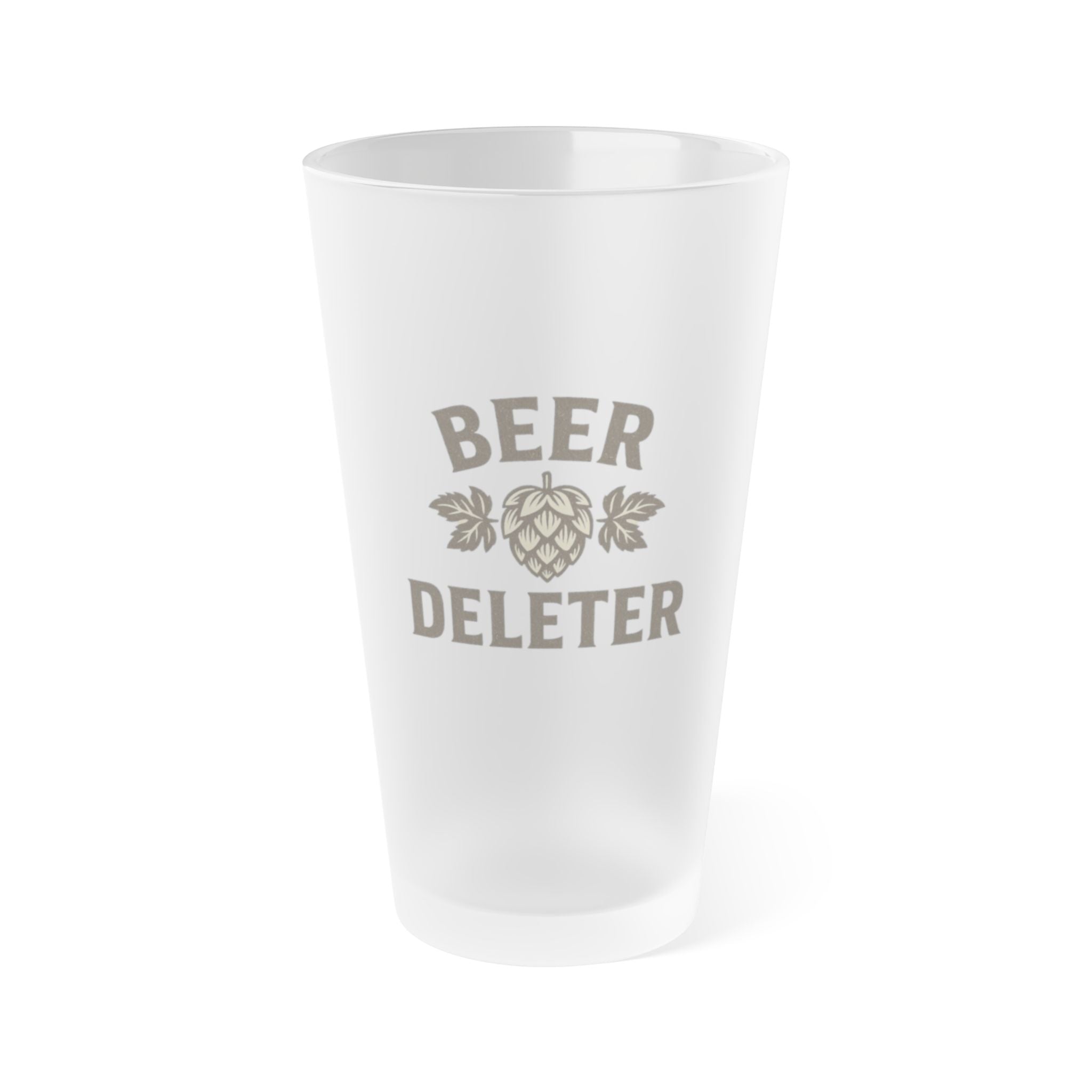 White frosted glass with 'Beer Deleter' text and hop design on a white background