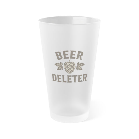 White frosted glass with 'Beer Deleter' text and hop design on a white background