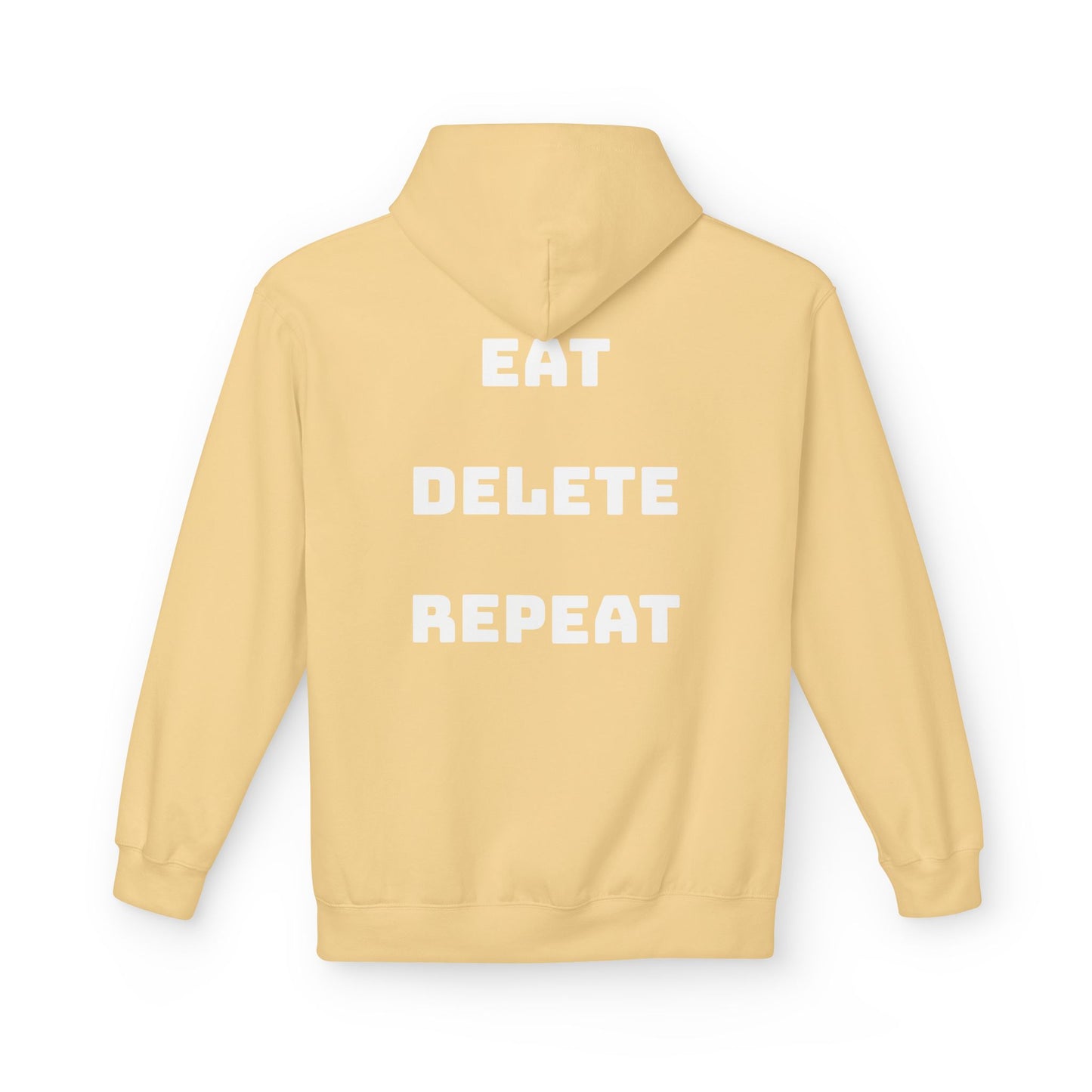 Yellow hoodie with 'EAT DELETE REPEAT' text on the back against a white background