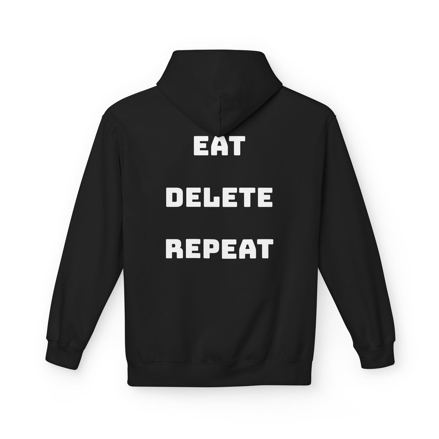 Black hoodie with 'EAT DELETE REPEAT' text on the back against a white background