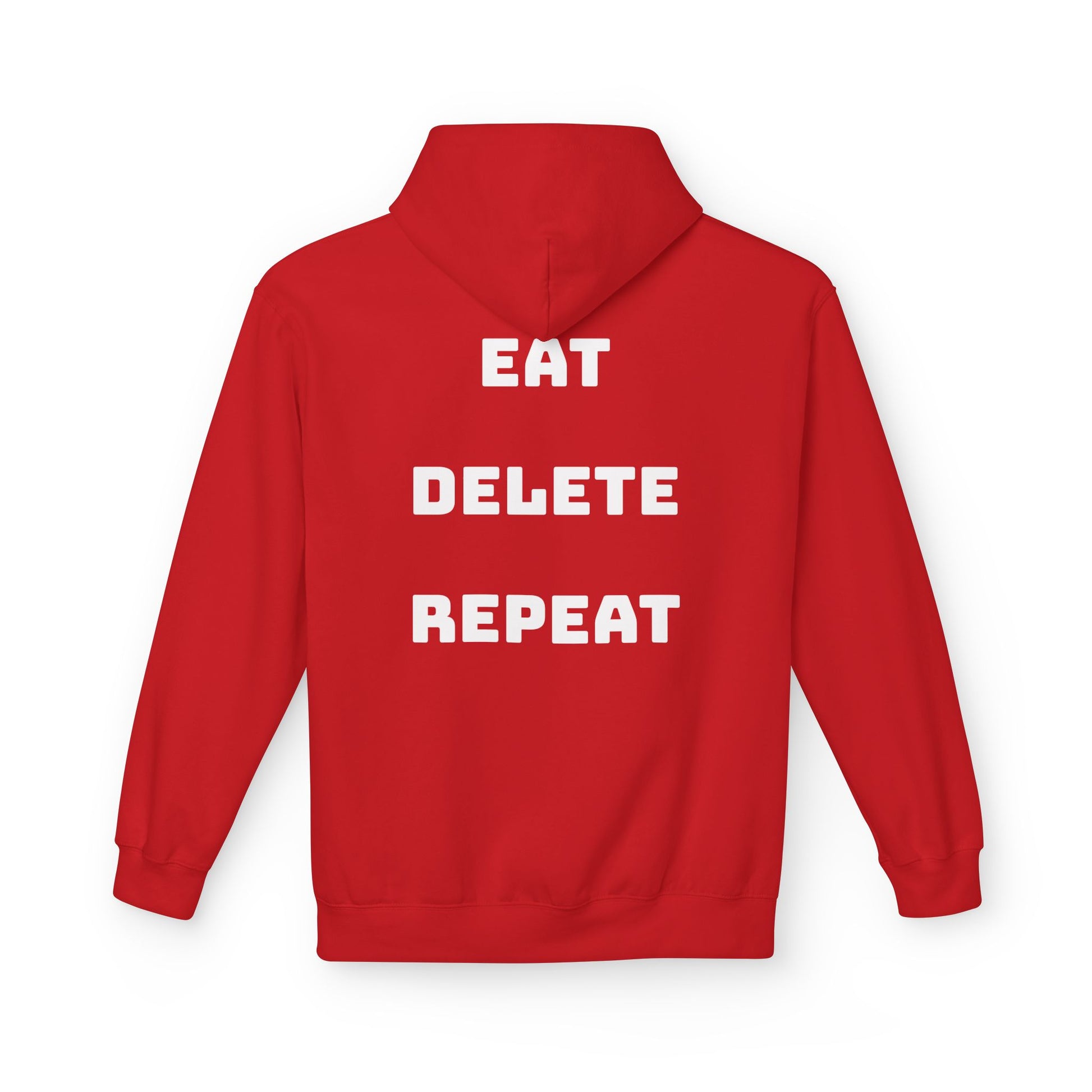 Red hoodie with 'EAT DELETE REPEAT' text on the back against a white background