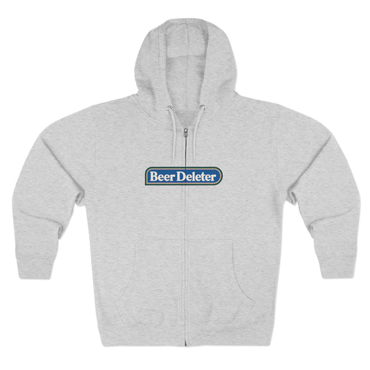 Gray hoodie with 'Beer Deleter' text on a white background