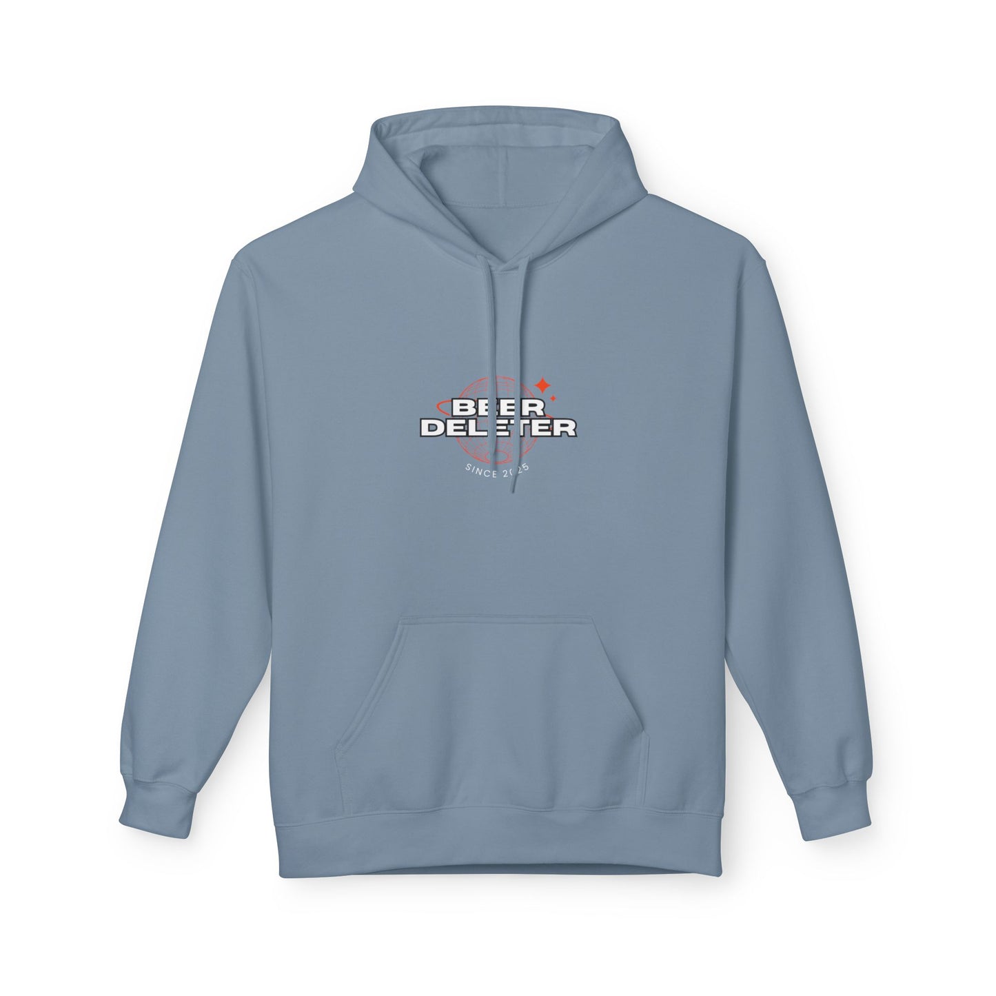 Blue hoodie with 'Beer Deleter' graphic on a white background