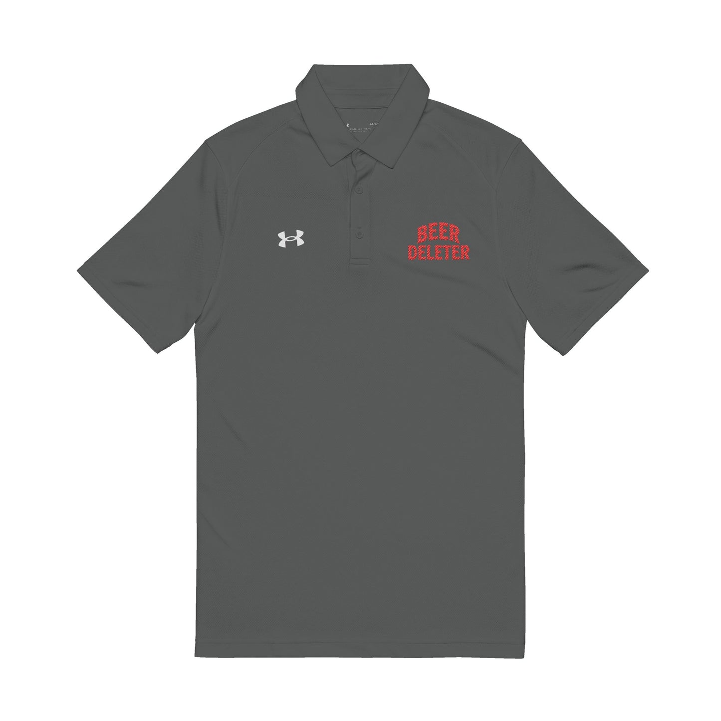 Gray polo shirt with 'Beer Deleter' text and Under Armour logo on a white background