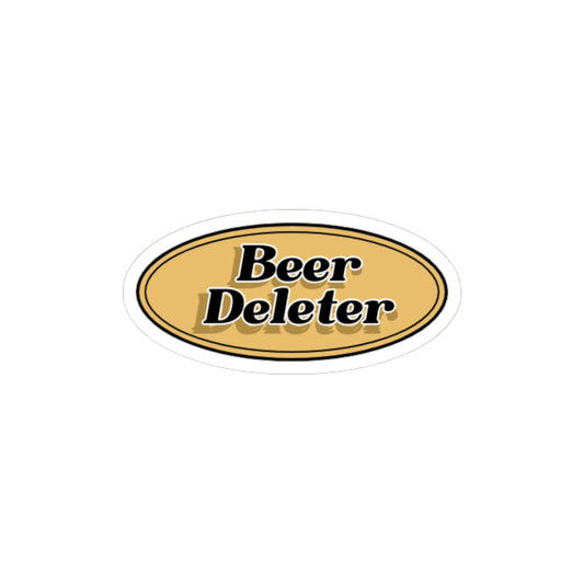 Oval sticker with 'Beer Deleter' text on a white background