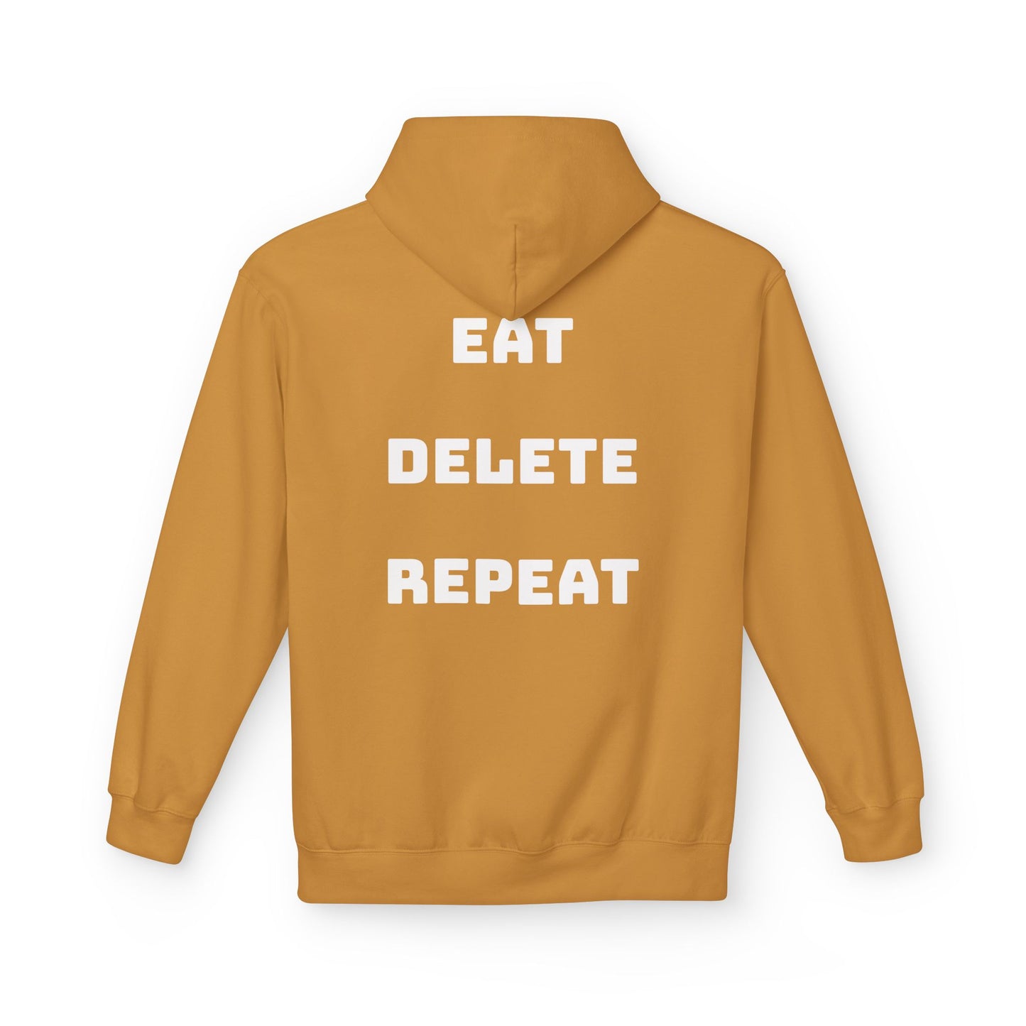 Mustard yellow hoodie with 'EAT DELETE REPEAT' text on the back against a white background