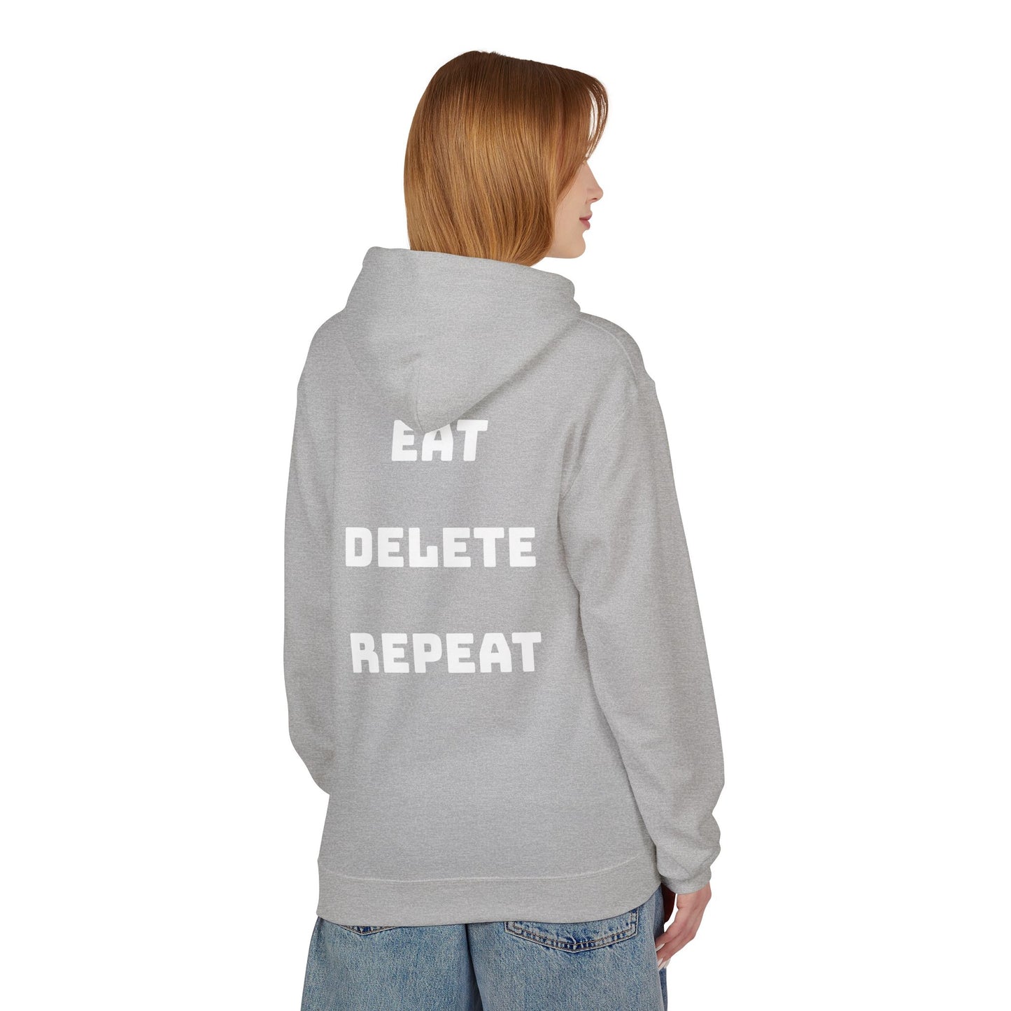 Person wearing a gray hoodie with 'EAT DELETE REPEAT' text on the back against a white background