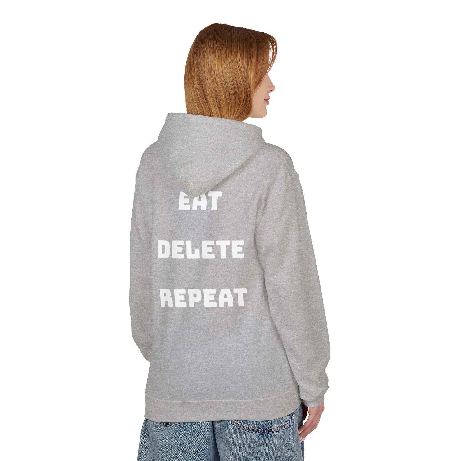 Person wearing a gray hoodie with 'EAT DELETE REPEAT' text on the back against a white background