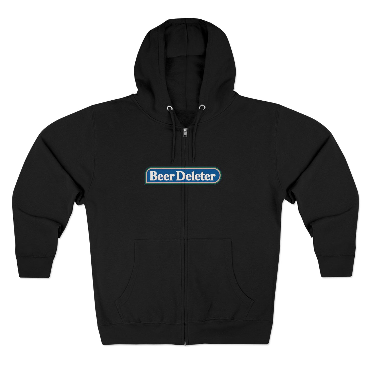 Black hoodie with 'Beer Deleter' logo on a white background