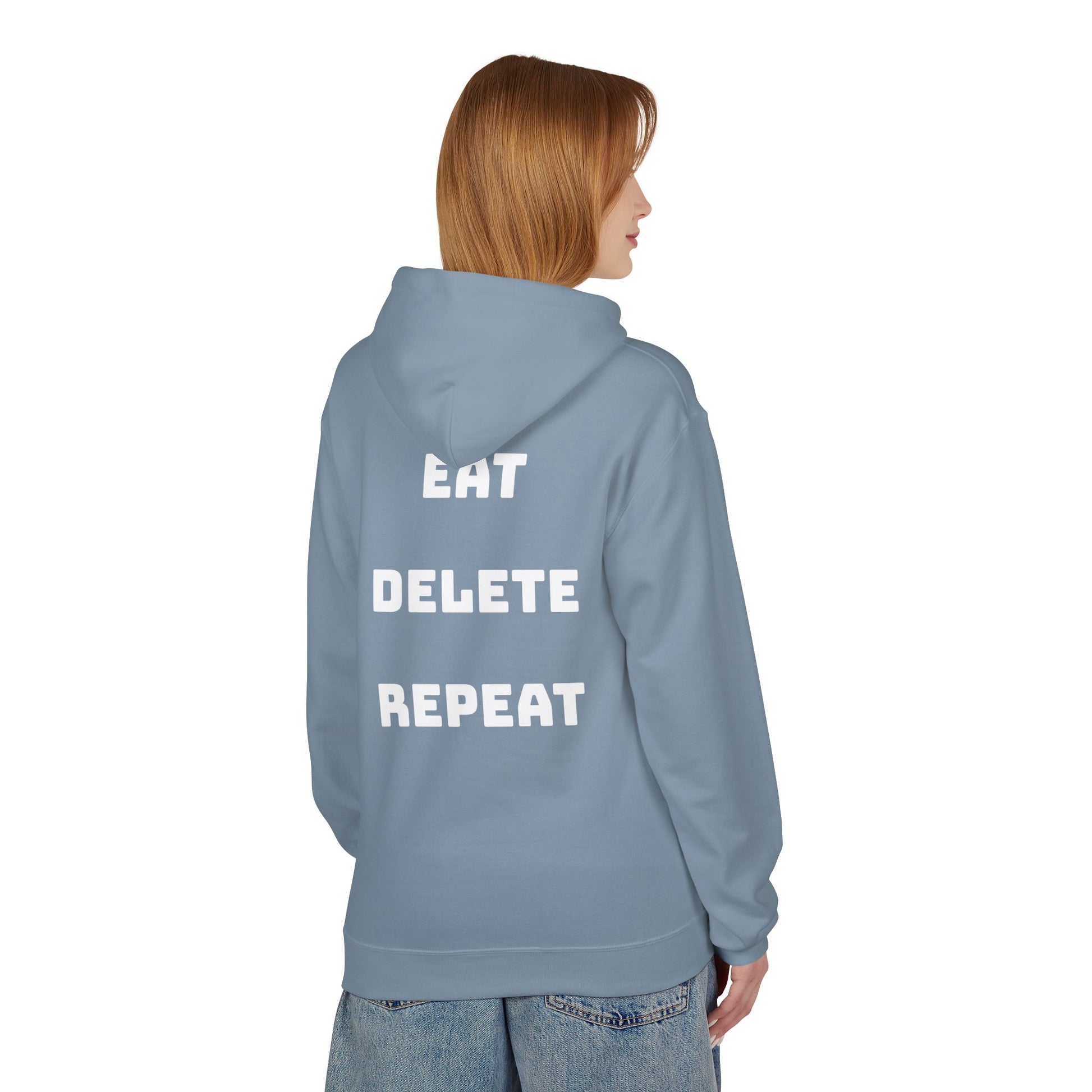 Person wearing a light blue hoodie with 'EAT DELETE REPEAT' text on the back, standing against a white background.