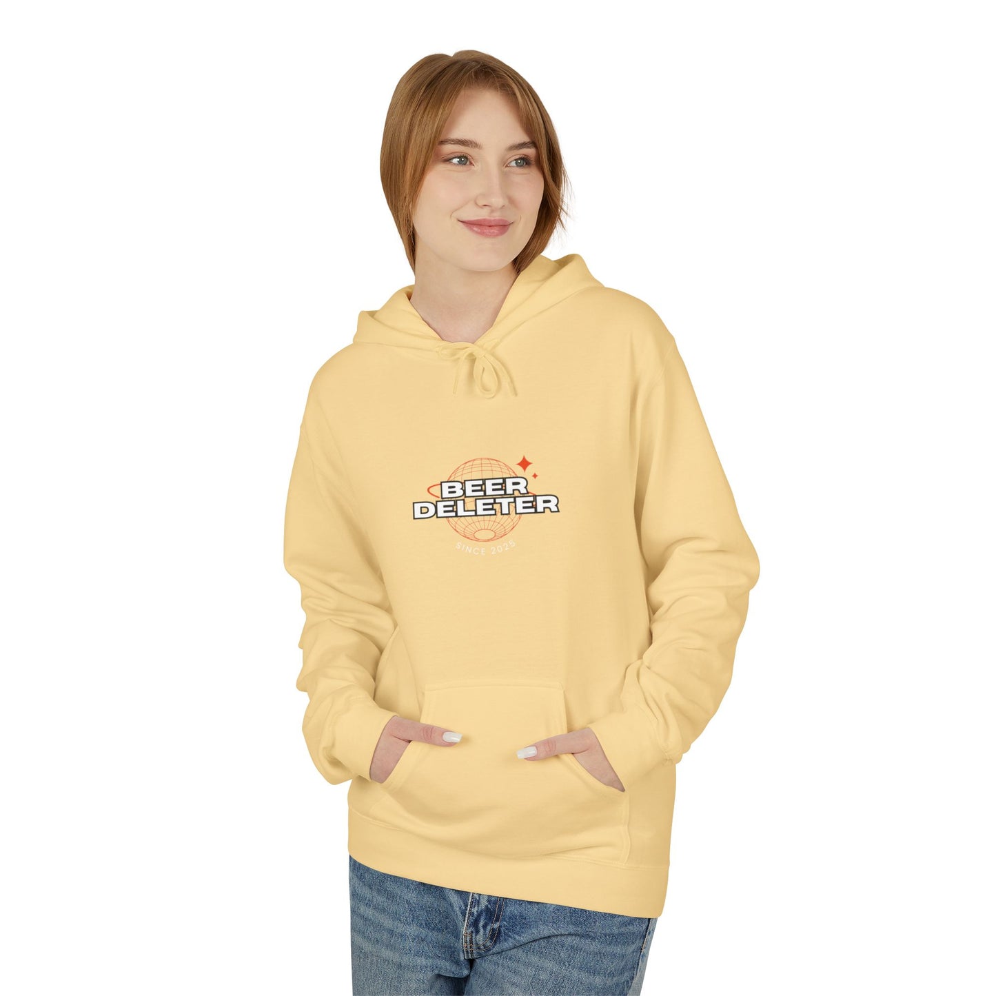 Person wearing a yellow hoodie with 'Beer Deleter' design on a white background