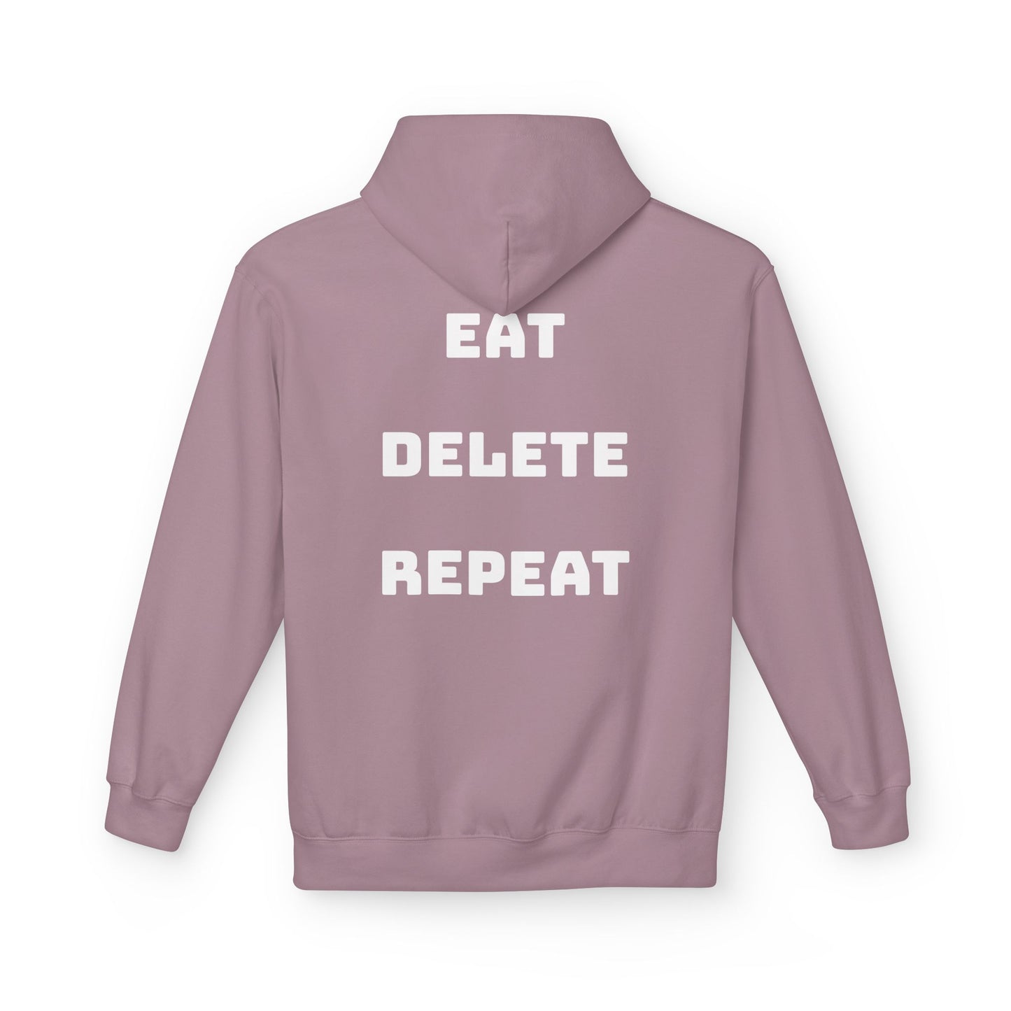 Purple hoodie with 'EAT DELETE REPEAT' text on the back against a white background