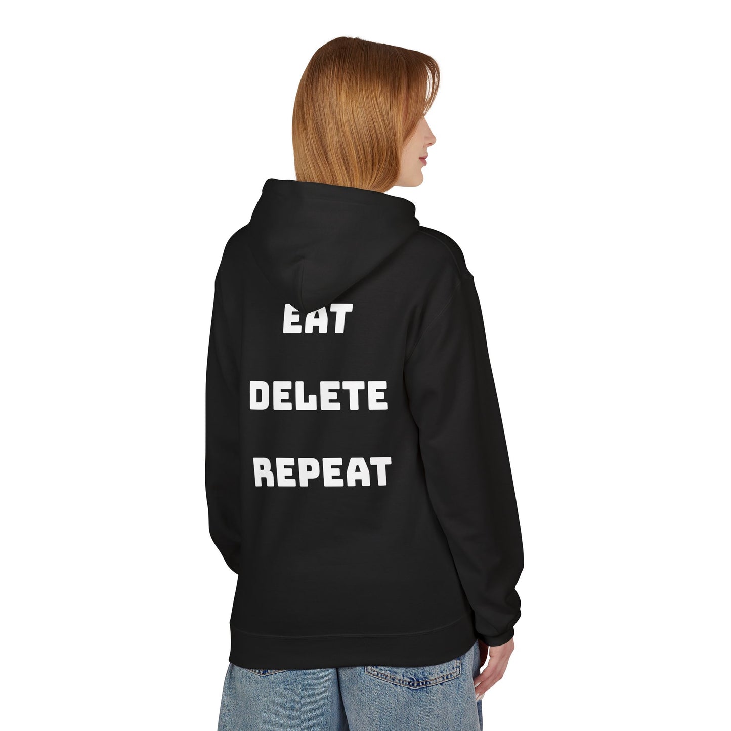 Person wearing a black hoodie with 'EAT DELETE REPEAT' text on the back, standing against a white background.