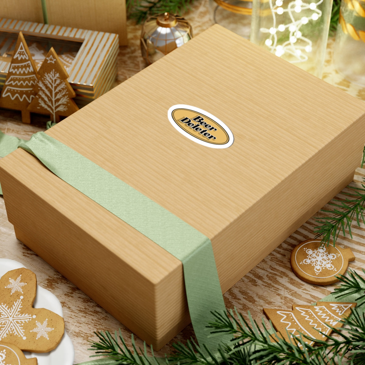 Wooden gift box with a green ribbon and 'Beer Deleter' sticker on a festive background with cookies and lights.