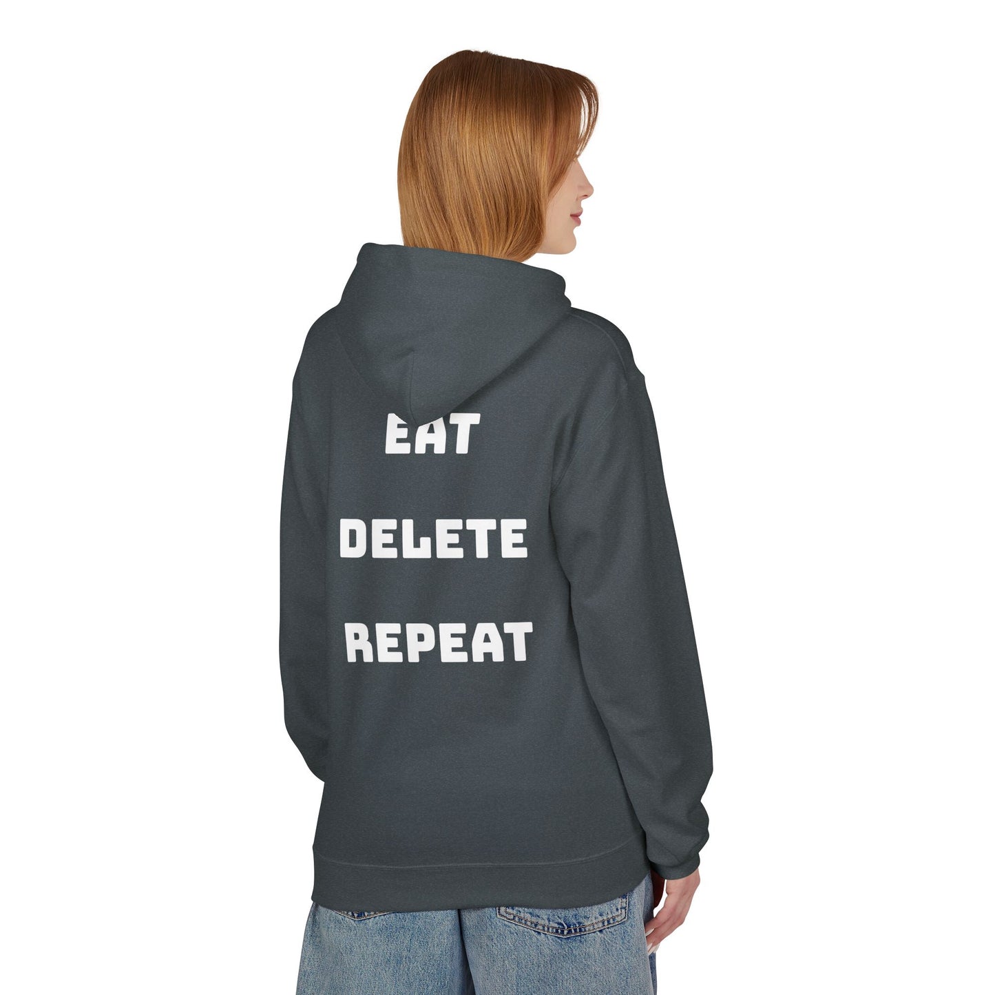 Person wearing a gray hoodie with 'EAT DELETE REPEAT' text on the back, standing against a white background.