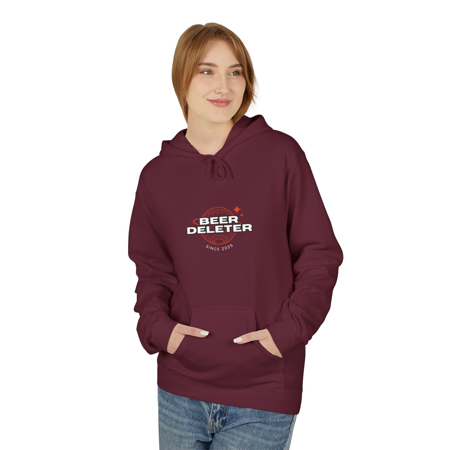 Person wearing a maroon hoodie with 'Beer Deleter' text on a white background