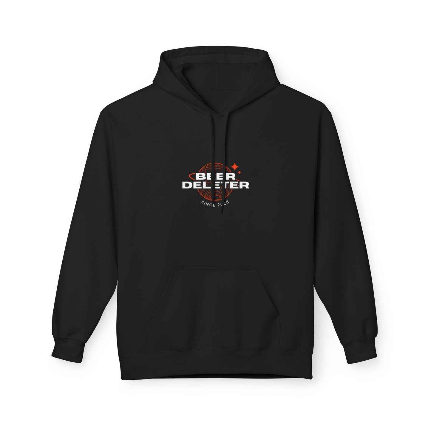 Black hoodie with 'Beer Deleter' text and logo on a white background