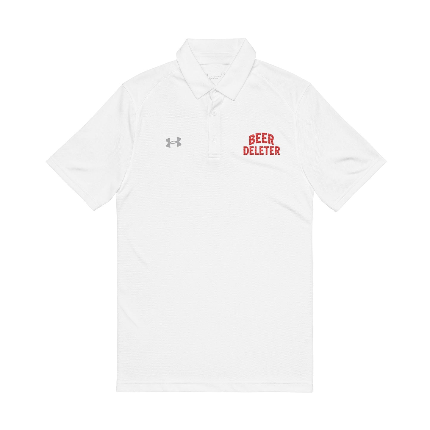 White polo shirt with 'Beer Deleter' text and Under Armour logo on a white background