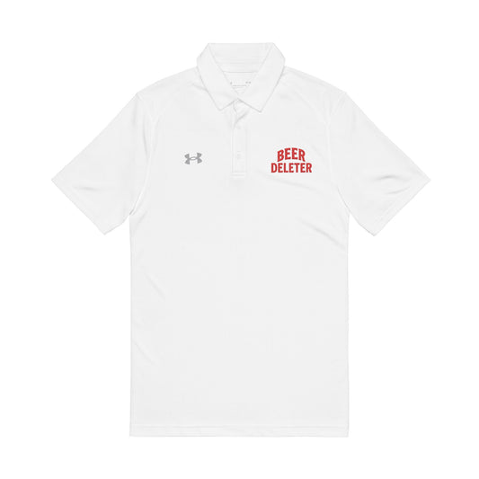 White polo shirt with 'Beer Deleter' text and Under Armour logo on a white background