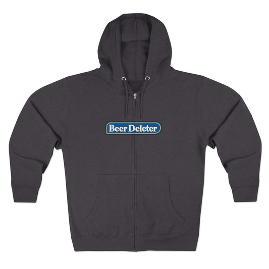 Dark gray hoodie with 'Beer Deleter' logo on a white background
