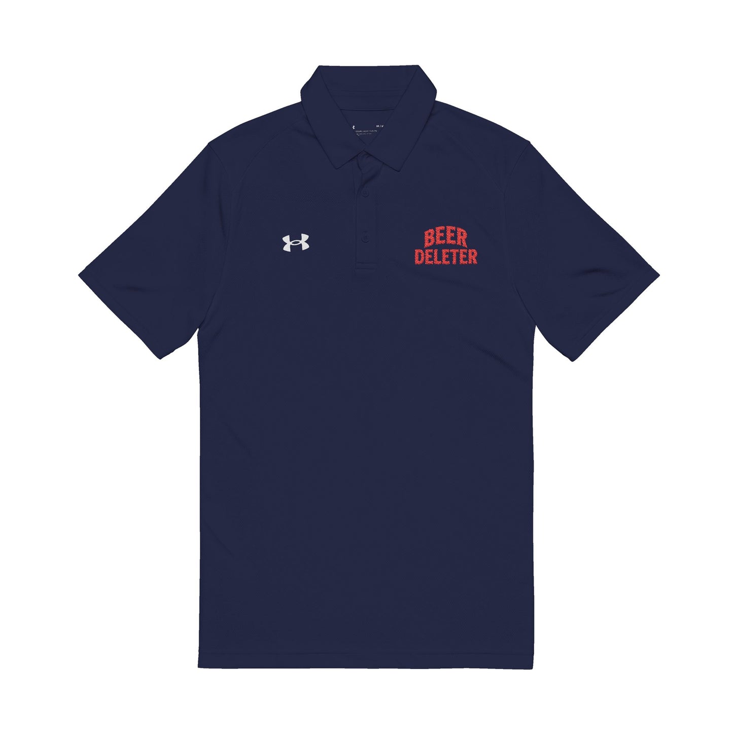 Blue polo shirt with 'Beer Deleter' text and Under Armour logo on a white background