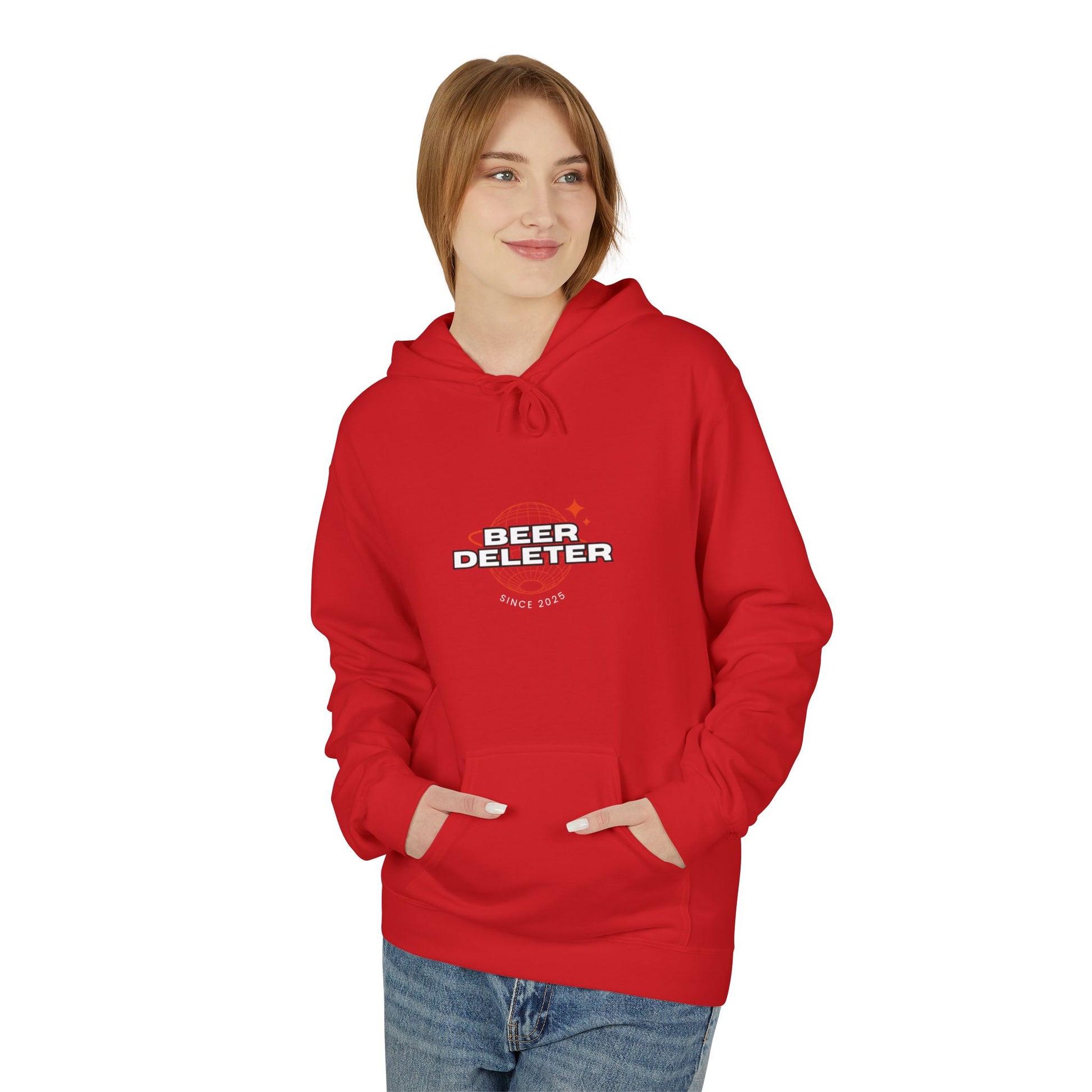 Person wearing a red hoodie with 'Beer Deleter' text on a white background